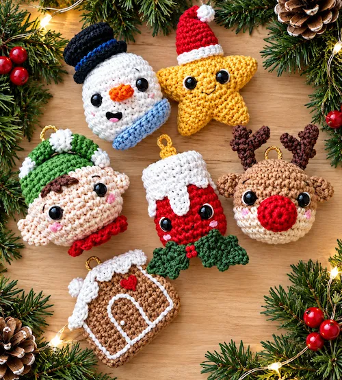 Set de amigurumis navideños: muñeco de nieve, estrella, reno, casita de jengibre y personajes navideños tejidos a crochet